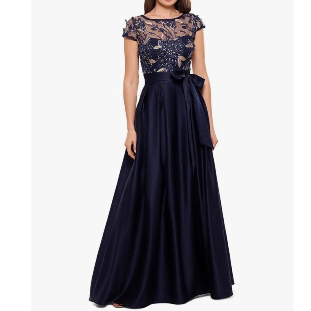 Xscape Navy Floral Embroidered Tulle & Satin Maxi Dress